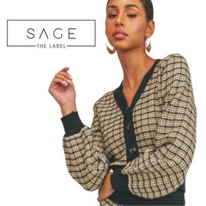 SAGE THE LABEL NWT Cropped Tweed Cardigan in Black, Tan & Gold Metallic - Size M